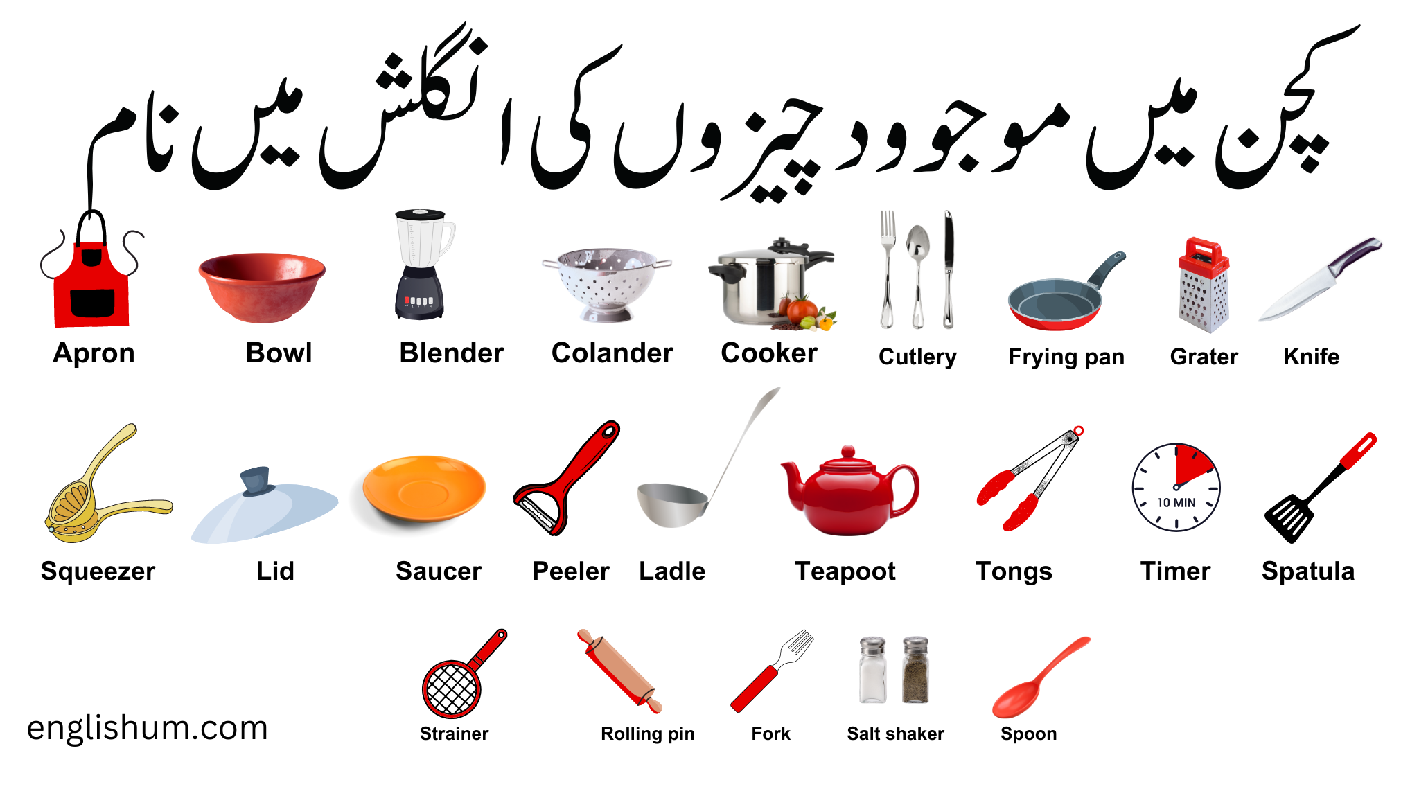 Kitchen utensils in English with Urdu Meaning