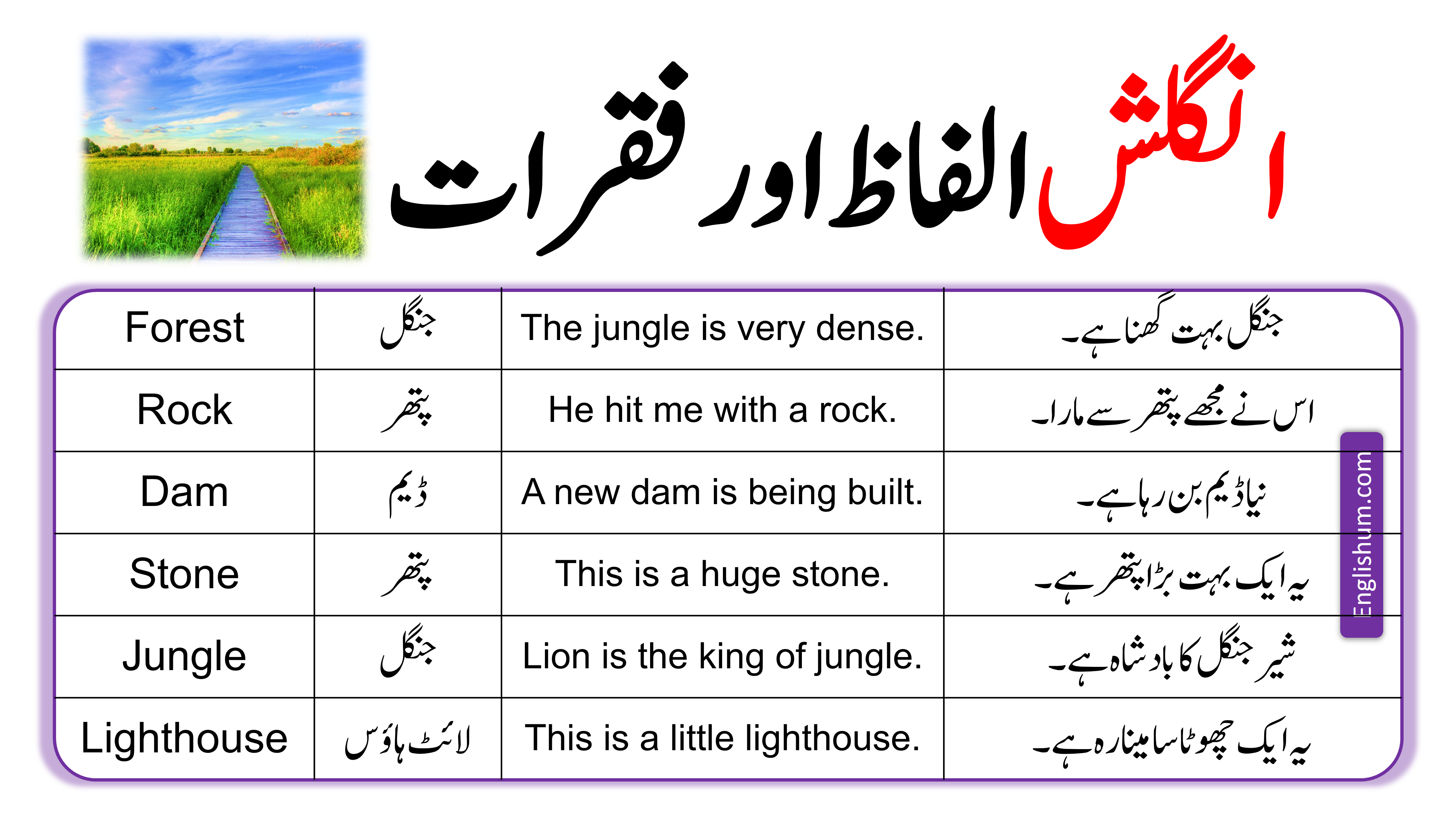 42 Vocabulary Sentences about Nature in English and Urdu